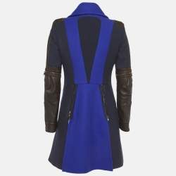 Pre Owned معطف فيرساتشي لباد وجلد أزرق مقاس متوسط (ميديم)