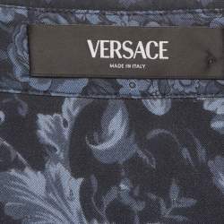 مملوكة مسبقًا Versace Navy Blue Barocco Print Silk Long Sleeve Mini Dress S