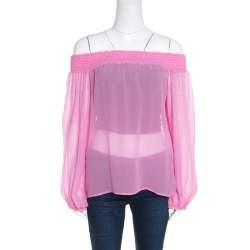 مملوكة مسبقًا Versace Collection Pink Sheer Silk Smocked Off Shoulder Long Sleeve Blouse L