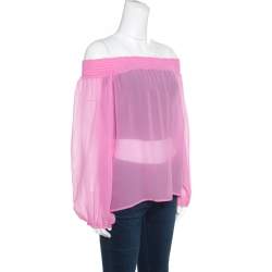 مملوكة مسبقًا Versace Collection Pink Sheer Silk Smocked Off Shoulder Long Sleeve Blouse L