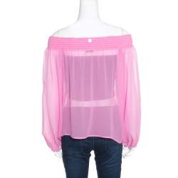 مملوكة مسبقًا Versace Collection Pink Sheer Silk Smocked Off Shoulder Long Sleeve Blouse L