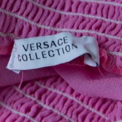 مملوكة مسبقًا Versace Collection Pink Sheer Silk Smocked Off Shoulder Long Sleeve Blouse L