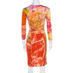 Versace Multicolor Baroque Printed Jersey Ruched Dress S