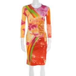 Versace Multicolor Baroque Printed Jersey Ruched Dress S