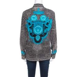 Pre Owned Versace Black and Blue Abstract Medusa Print Silk Blouse M