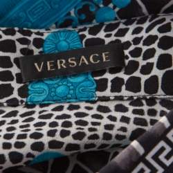 Pre Owned Versace Black and Blue Abstract Medusa Print Silk Blouse M