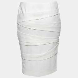 Pre Owned Versace Off White Crepe Stretch Asymmetric Panel Tiered Pencil Skirt M