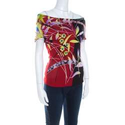 Pre Owned Versace Multicolor Floral Print Stretch Knit Off Shoulder Top M