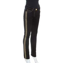 Versace Black Denim Greek Key Eyelet Trim Slim Fit Jeans S