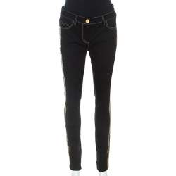 Versace Black Denim Greek Key Eyelet Trim Slim Fit Jeans S