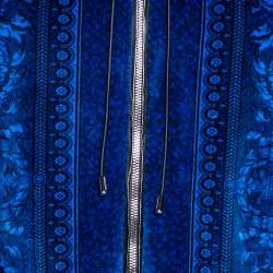 Pre Owned Versace Blue Jacquard Velvet Leather Trim Zip Front Hoodie S