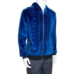 Pre Owned Versace Blue Jacquard Velvet Leather Trim Zip Front Hoodie S