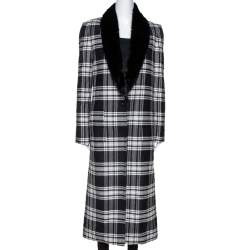 Versace Black Plaid Wool & Silk Mink Fur Trim Long Coat S