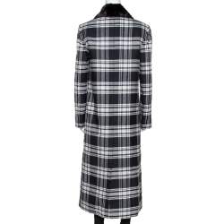 Versace Black Plaid Wool & Silk Mink Fur Trim Long Coat S