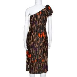 Pre Owned Versace Brown Camouflage Fil Coupé One-Shoulder Dress S