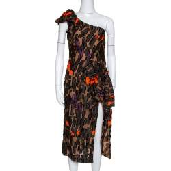 Pre Owned Versace Brown Camouflage Fil Coupé One-Shoulder Dress S