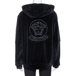 Pre Owned Versace Black Velvet Medusa Embroidered Zip Up Hoodie XL