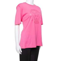 Pre Owned Versace Pink Cotton Medusa Appliqued Crew Neck T-Shirt L