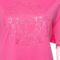 Pre Owned Versace Pink Cotton Medusa Appliqued Crew Neck T-Shirt L