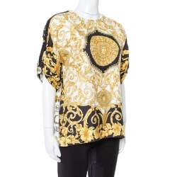 مملوكة مسبقًا Versace Gold Hibiscus & Zeus Print Silk Short Sleeve Blouse M