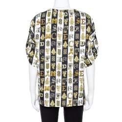 مملوكة مسبقًا Versace Gold Hibiscus & Zeus Print Silk Short Sleeve Blouse M