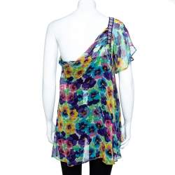 Versace Multicolor Floral Print Silk Asymmetric Sleeve Blouse M
