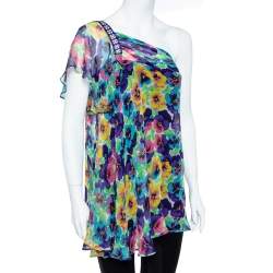 Versace Multicolor Floral Print Silk Asymmetric Sleeve Blouse M