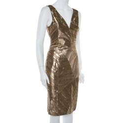 Pre Owned Versace Gold Foil Print Silk Sleeveless Sheath Dress M