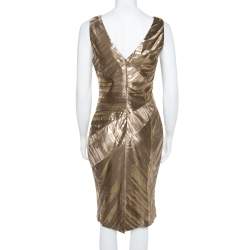 Pre Owned Versace Gold Foil Print Silk Sleeveless Sheath Dress M