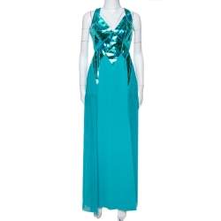 Versace Blue Leather Embellished & Silk Front Slit Detail Dress M
