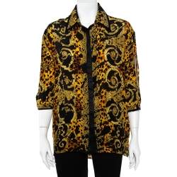 Versace Black & Yellow Printed Silk Double Collar Button Front Shirt L