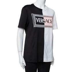 مملوكة مسبقًا Versace Monochrome Cotton Logo Embroidered & Printed Crewneck T-Shirt M