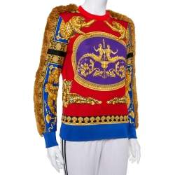 Pre Owned Versace Red & Blue Printed Cotton Fringed Detail Sweater XS
