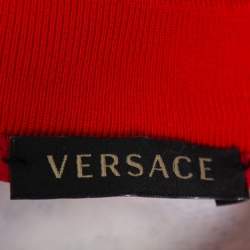 Pre Owned Versace Red & Blue Printed Cotton Fringed Detail Sweater XS