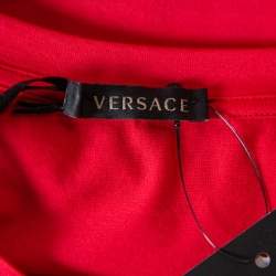 مملوكة مسبقًا Versace Red Cotton Logo Printed Crewneck T-Shirt M