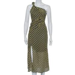 Versace Black & Yellow Wool Open Weave One Shoulder Midi Dress S