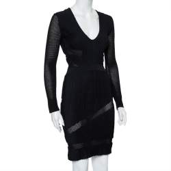 Pre Owned Versace Black Perforated Knit Plunge Neck Sheath Dress S