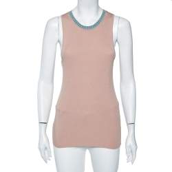 Pre Owned Versace Beige Knit Logo Neck Detail Tank Top L 