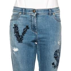 Versace Stone Washed Blue Cotton Logo Embroidered Jeans L 