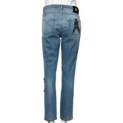 Versace Stone Washed Blue Cotton Logo Embroidered Jeans L 