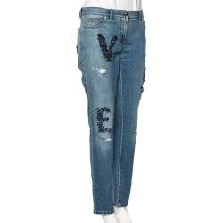 Versace Stone Washed Blue Cotton Logo Embroidered Jeans L 