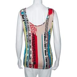 Pre Owned Versace Multicolored Greca Print Silk Knit Tank Top L