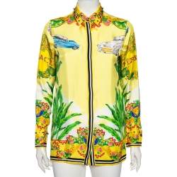 Pre Owned Versace Yellow Palm Tree Baroque Logo Printed Silk Shirt S