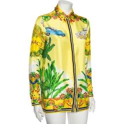 Pre Owned Versace Yellow Palm Tree Baroque Logo Printed Silk Shirt S