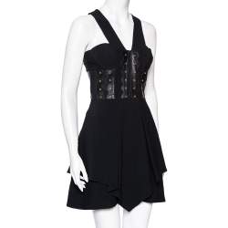 Pre Owned Versace Black Crepe Eyelet Leather Trim Detailed Sleeveless Short Dress S