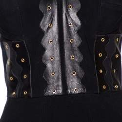 Pre Owned Versace Black Crepe Eyelet Leather Trim Detailed Sleeveless Short Dress S