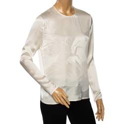 Pre Owned Versace Cream Floral Textured Silk Long Sleeve Blouse S