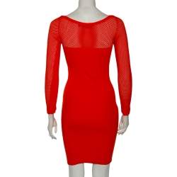 Pre Owned Versace Orange Textured Knit & Mesh Detailed Sheath Dress S