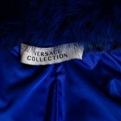 Versace Collection Blue Down Quilted & Fur Trimmed Belted Jacket M