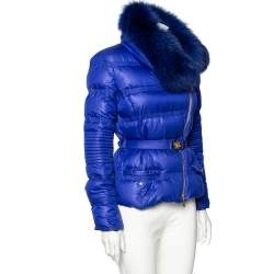 Versace Collection Blue Down Quilted & Fur Trimmed Belted Jacket M